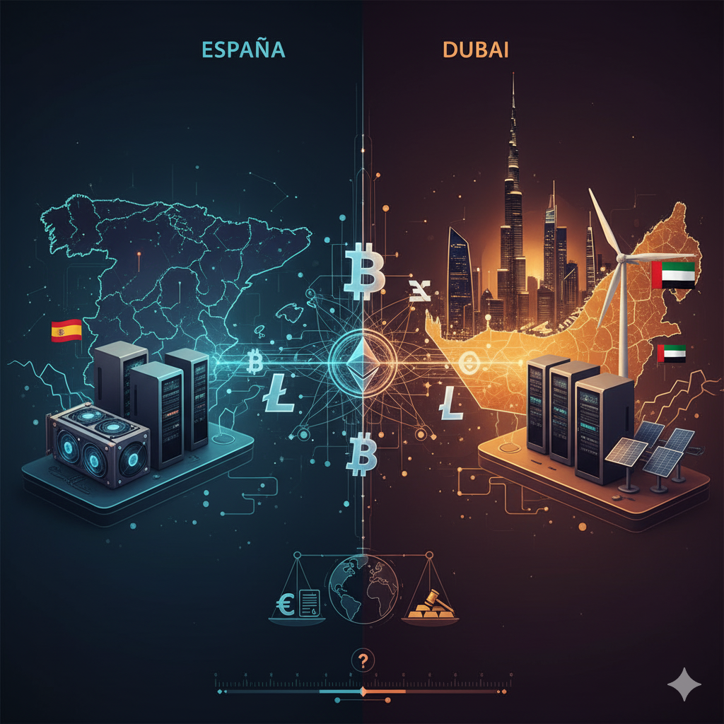 Fiscalidad y aspectos legales para el minado de criptomonedas como Sociedad en España y en EAU.